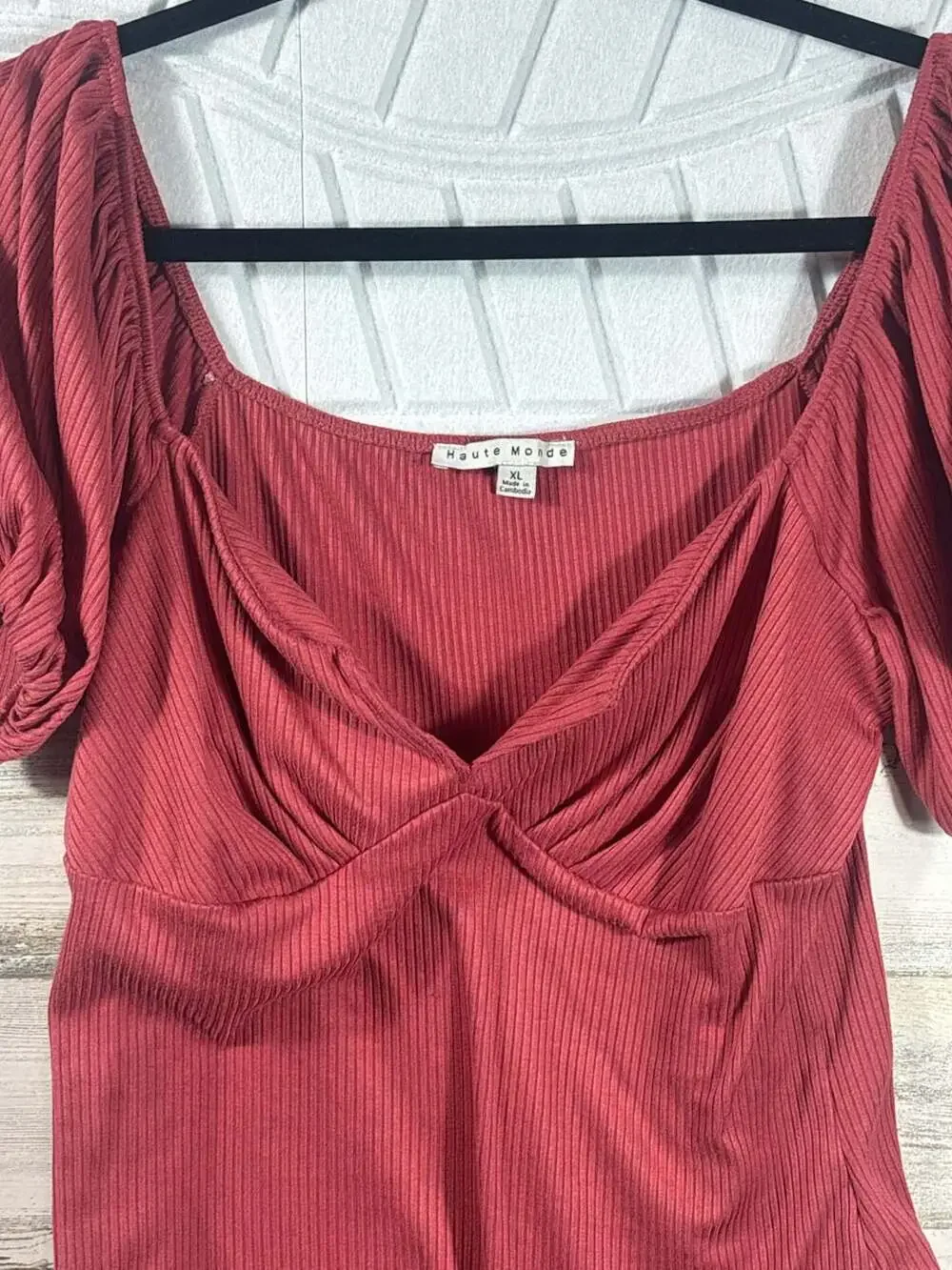 Haute Monde Red Rib-Knit Puff Sleeve Ruched Bust Bodysuit XL